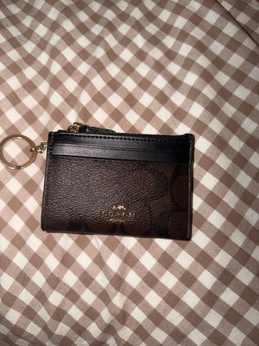 Coach Brown and Black Signature Zip Card Case with Keyring